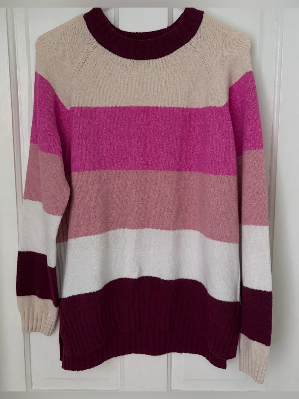 Women’s Striped Crewneck Sweater - Pink Colorblock Pullover Sweater, Size Large